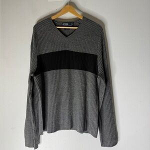 vintage polo ralph Lauren gray Black Color block Stripe V Neck Wool Sweater‎ XL